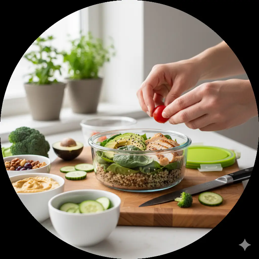 Plato de ensalada fresca y saludable con pollo y tomates cherry